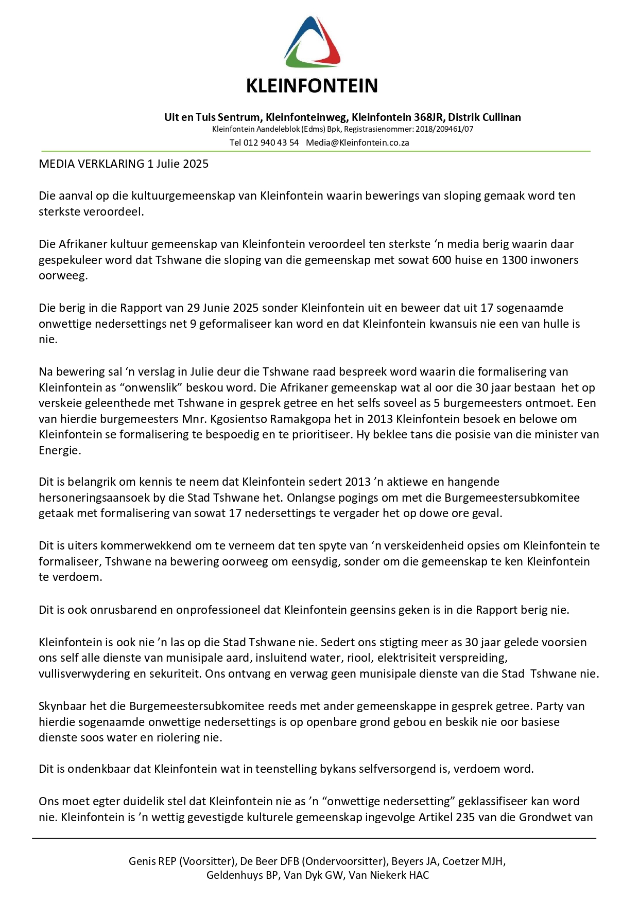 1 Julie 2025 Kleinfontein Media verklaring Afr C page 0001